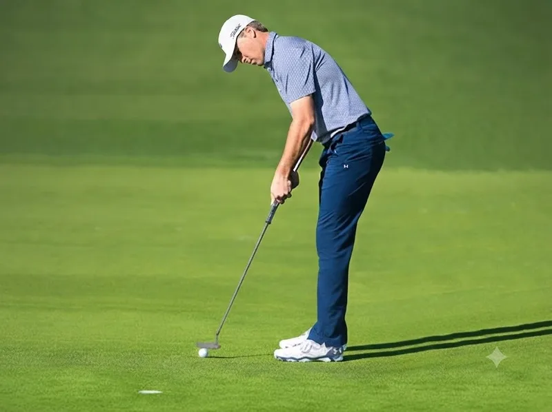 Tư thế putting cân bằng với vai thả lỏng và mắt gần đường bóng giúp golfer kiểm soát mặt gậy ổn định hơn khi gạt.